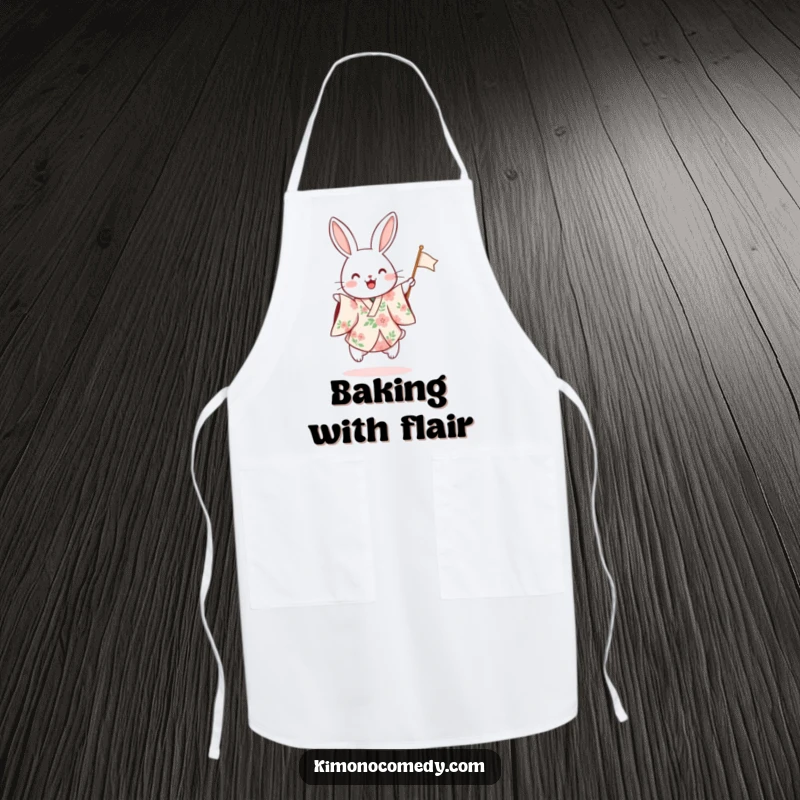 Funny apron showcasing a rabbit in a floral kimono hopping excitedly and waving a small flag, adding festive humor to cooking.