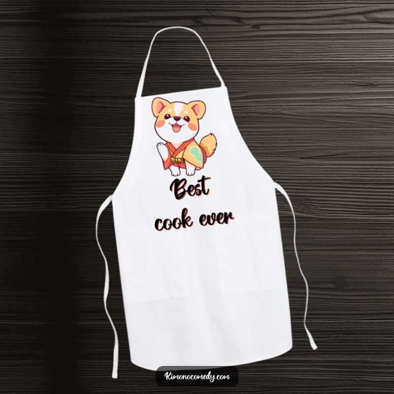 Funny kawaii dog wearing a bright kimono, wagging tail, enthusiastic kitchen apron.