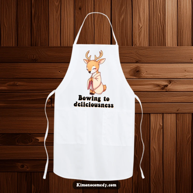 Funny cooking apron with a serene deer in a delicate silk kimono, gracefully bowing, perfect for a touch of elegance in the kitchen.
