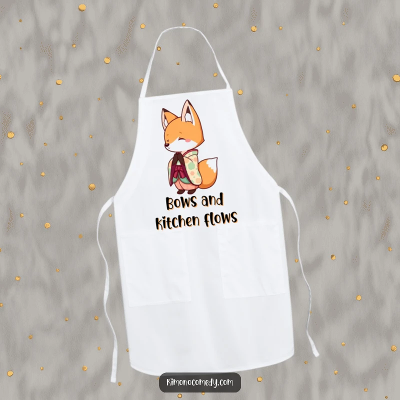Funny Kawaii Fox Apron: A cute fox in a colorful kimono wearing an apron, perfect for kitchen humor and protection.