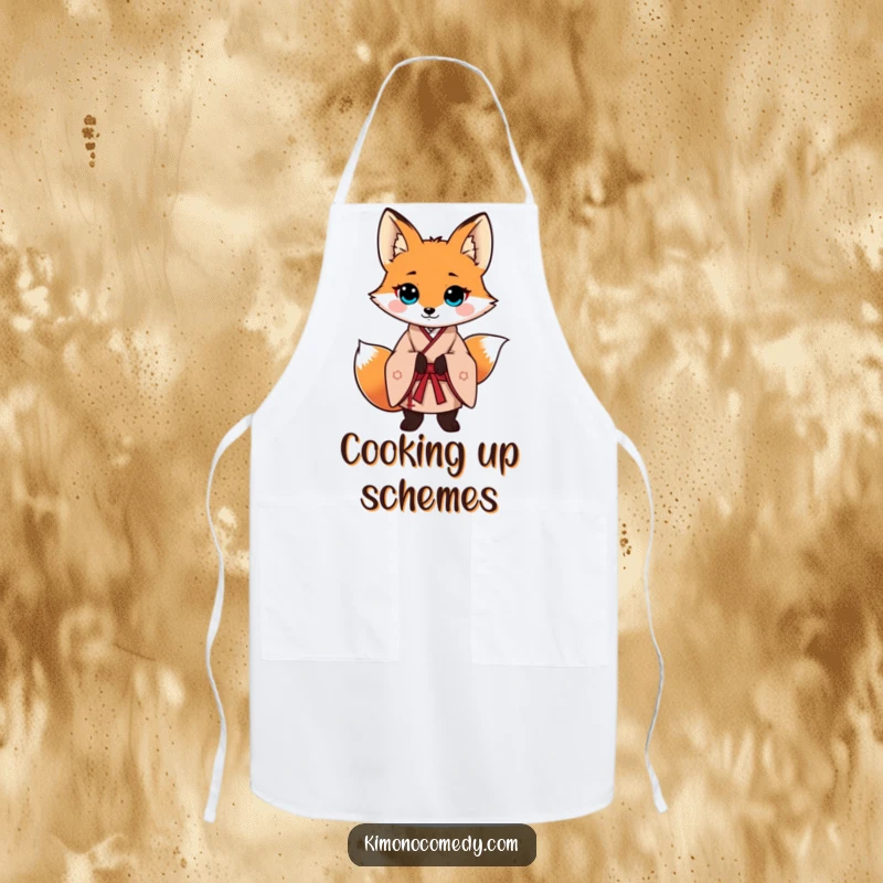 Funny fox in a traditional kimono, striking a confident pose while cooking. A stylish and humorous kitchen apron.