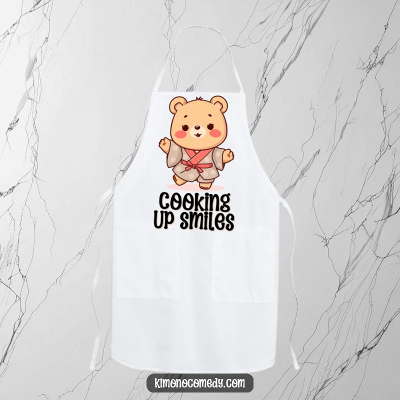 Funny Kawaii Bear Apron: Happy character in a traditional kimono, doing a little happy shuffle, bringing joy to the kitchen.