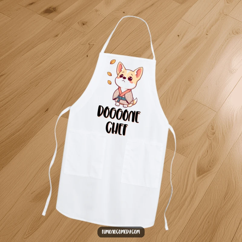 Funny dog apron showing a surprised dog in a patterned kimono, ears perked, ready for kitchen adventures.