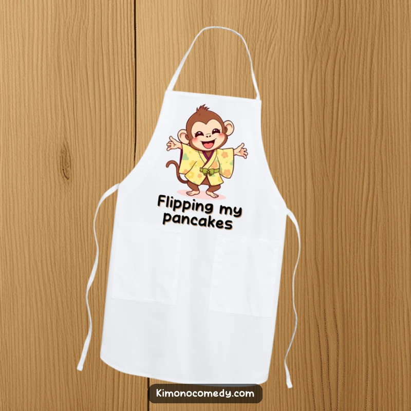 Funny apron with a joyful monkey in a bright kimono doing a silly flip, perfect for a fun kitchen.