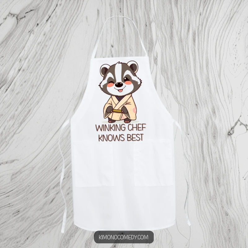 Funny badger wearing a kimono, smiling and winking, featured on a functional apron for humorous kitchen activities.
