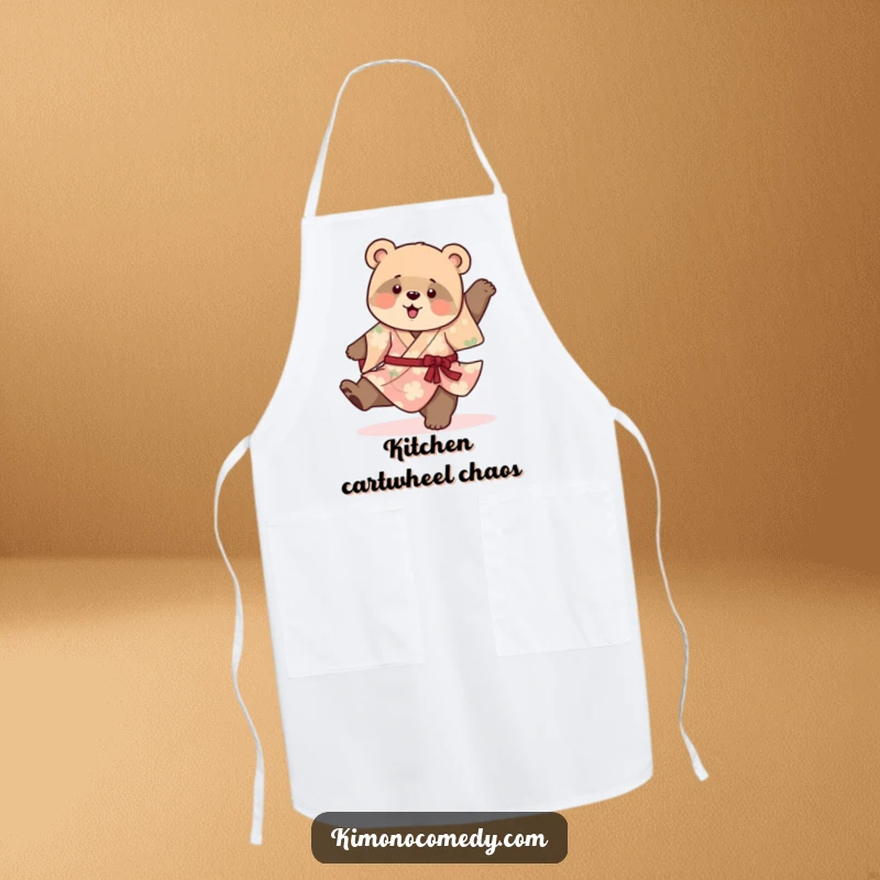 Funny cooking apron with a playful bear cub in a vibrant kimono, hilariously attempting a clumsy cartwheel, perfect for a fun kitchen experience.