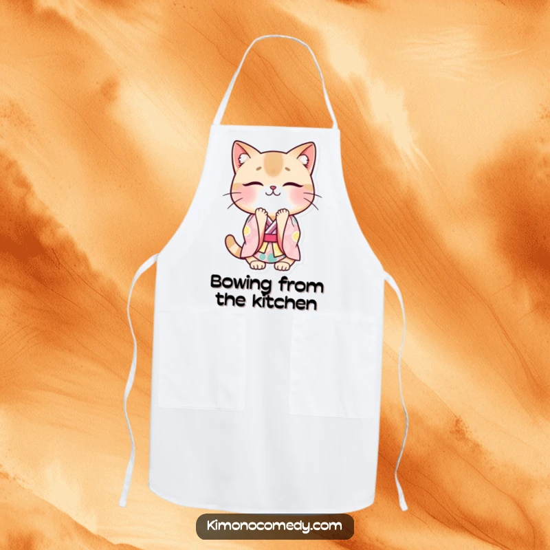Funny cat kimono apron showcasing a kawaii cat in a colorful kimono, bowing politely with a smile, perfect for kitchen fun.