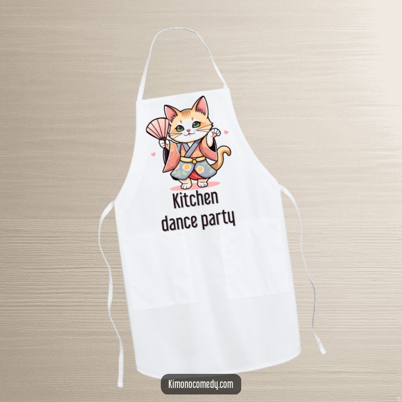 Funny apron featuring a cat in a kimono performing a dramatic fan dance, adding artistic humor to kitchen activities.