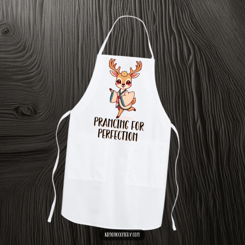 Funny apron featuring a smiling kawaii deer in an elegant kimono, gracefully prancing with a delightful and charming expression.