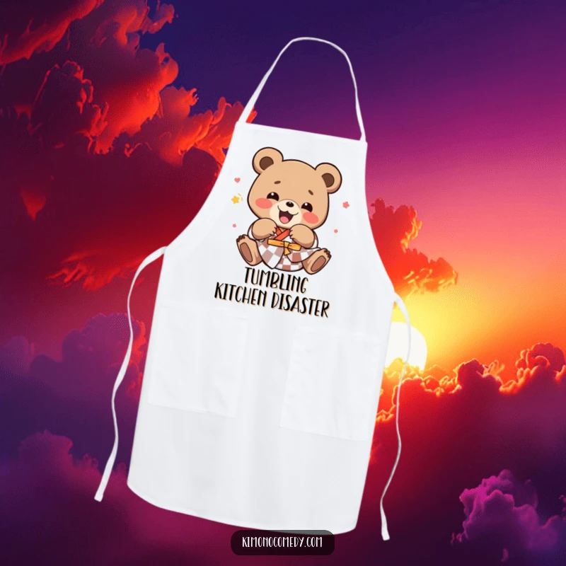 Funny kawaii bear in a checkered kimono, tumbling with exhilarating joy, on a practical kitchen apron.
