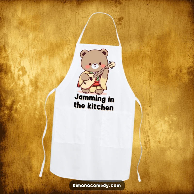 Funny Kawaii Bear Apron: A bear in a kimono playing a shamisen while wearing an apron, humorous kitchen protection.
