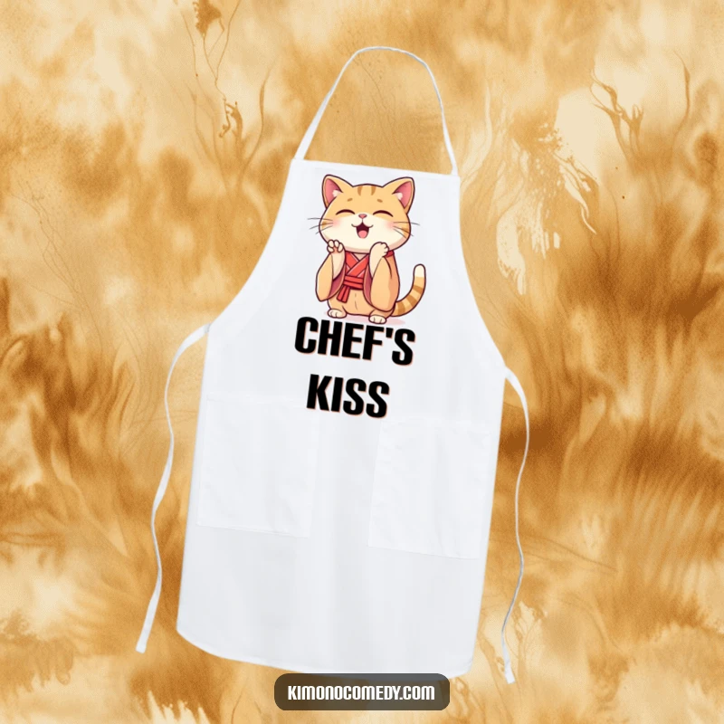 Funny Kawaii cat apron, depicts a cat in a silk kimono clapping its paws enthusiastically while cooking, humorous kitchen wear.