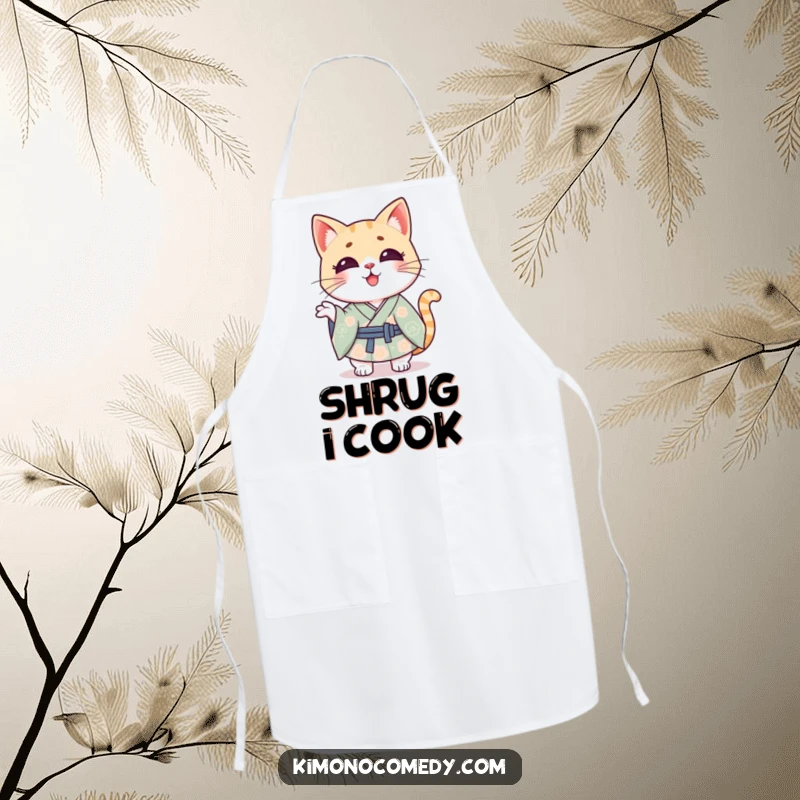 Funny Kawaii cat wearing a kimono apron, shrugging playfully while cooking, a humorous kitchen accessory.