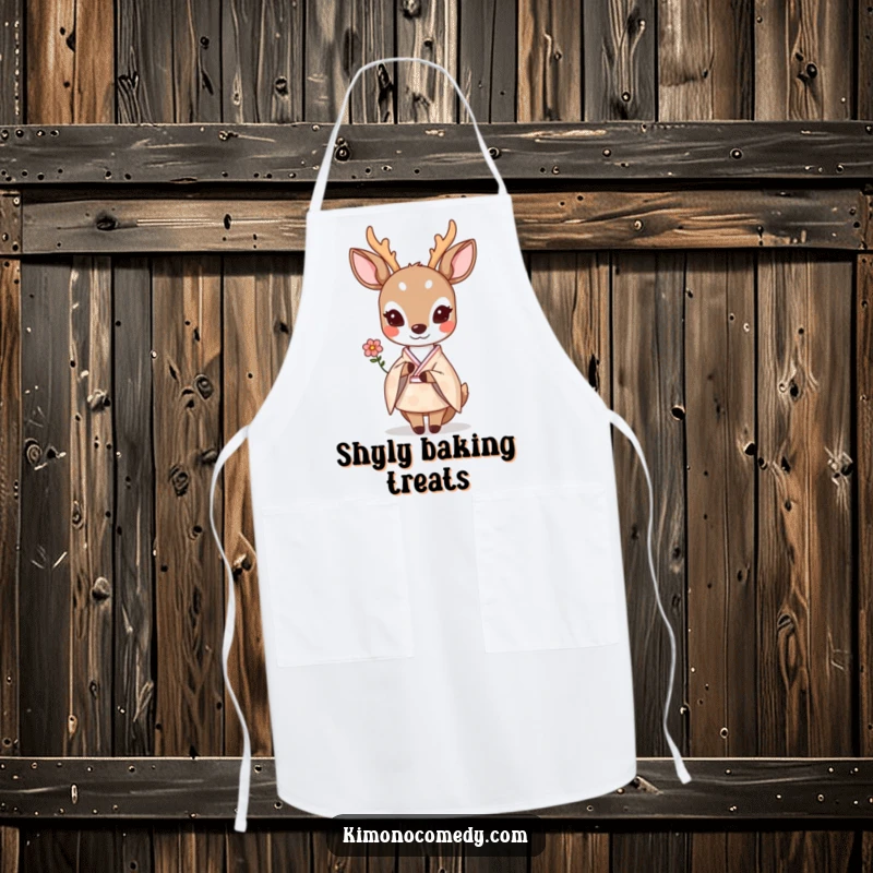 Funny shy kawaii deer in a pastel kimono, offering a small flower shyly, on a practical kitchen apron.