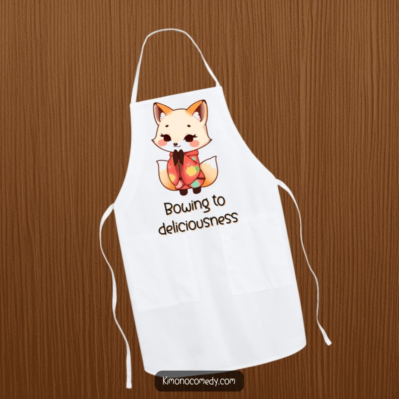 Funny Kawaii fox in a colorful kimono, bowing with a smile, making this apron a humorous and elegant kitchen accessory.
