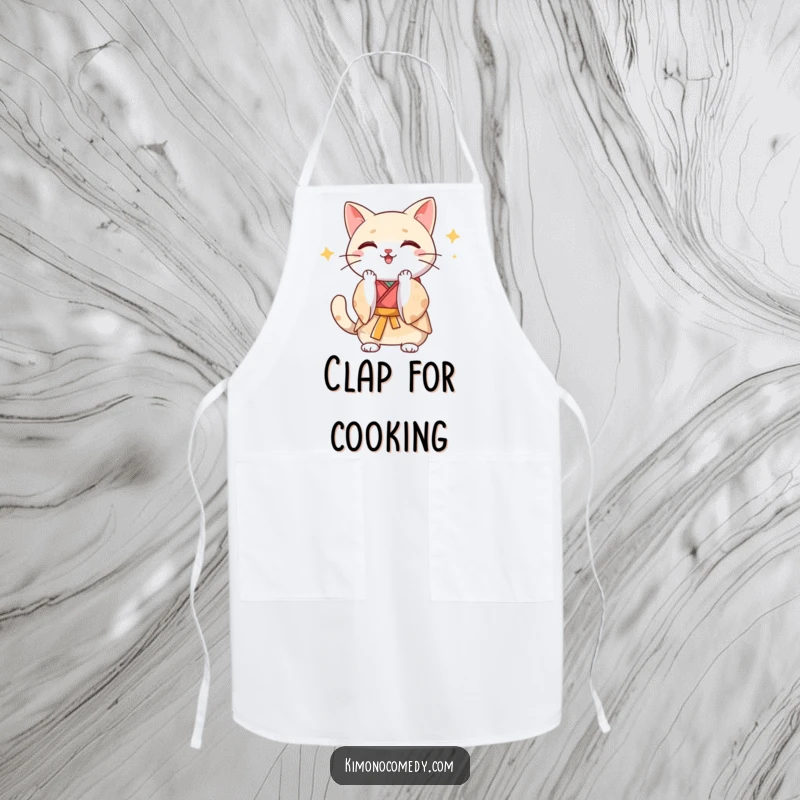 Funny Kawaii cat in a silk kimono clapping paws with gusto, durable and humorous apron for culinary triumphs.