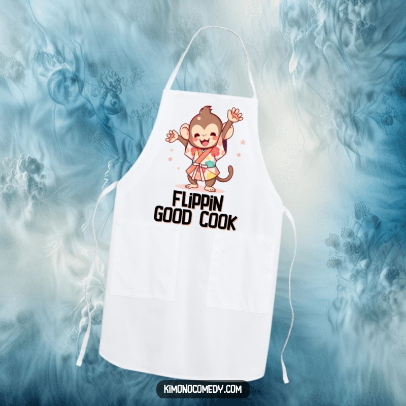 Funny Kawaii Monkey Apron: A cute monkey in a festival kimono, captured mid-flip during cooking.