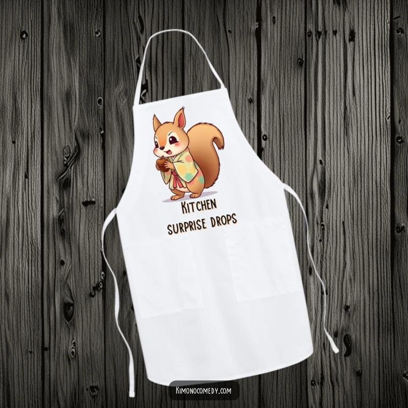 Funny apron featuring a startled kawaii squirrel in a colorful kimono, dropping an acorn, blending kitchen utility with humorous surprise.