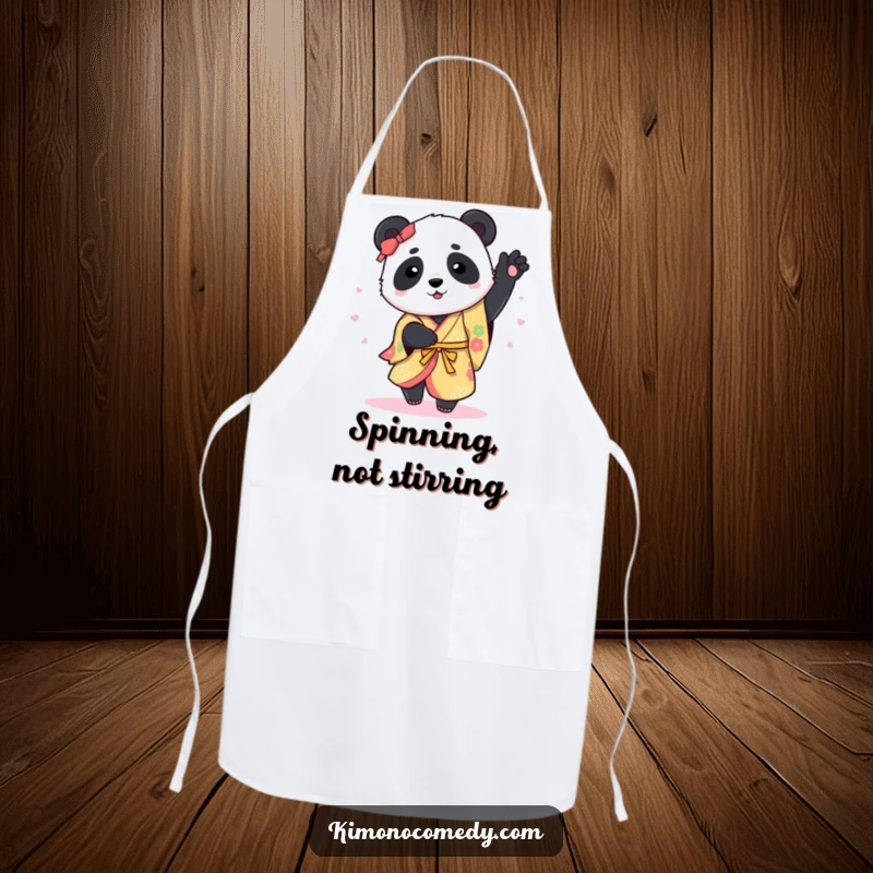 Funny Apron: A cheerful panda in a colorful kimono spins joyfully while cooking, bringing humor and style to the kitchen.