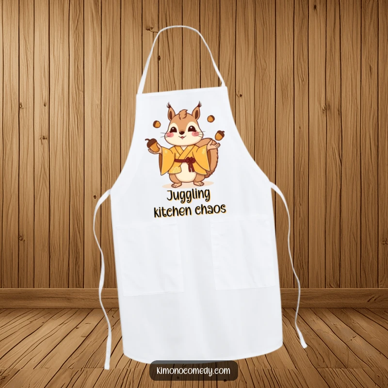 Funny squirrel in a bright kimono juggling tiny acorns, cute kitchen apron, playful cooking accessory, humorous gift for home cooks.