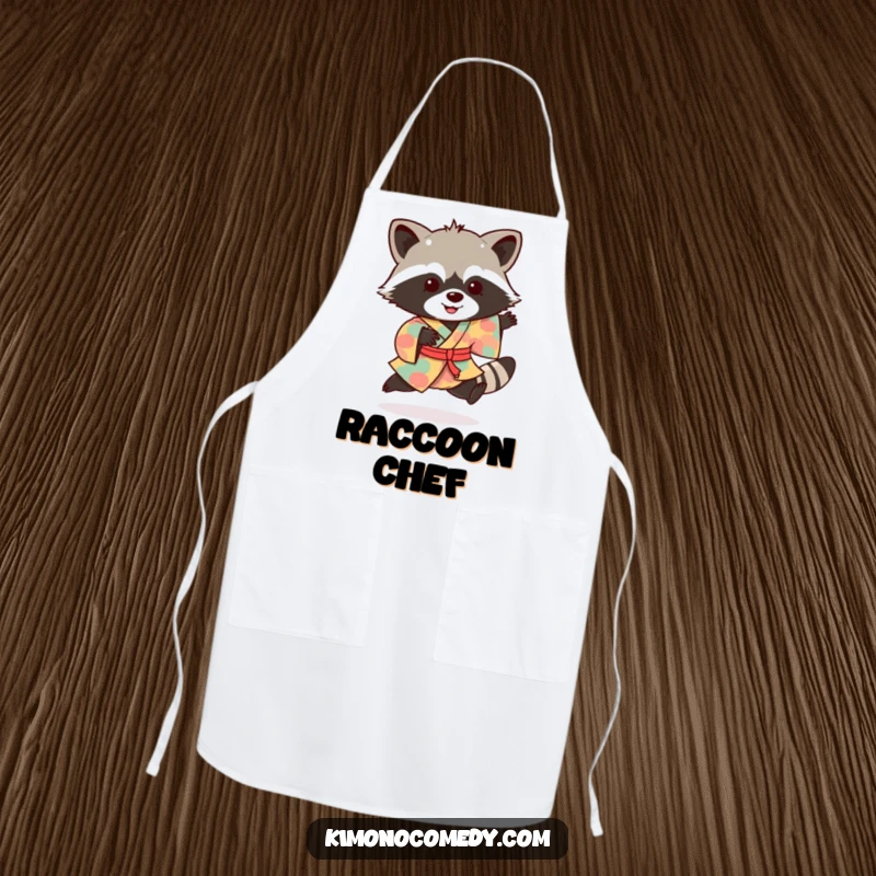 Funny raccoon apron showing a joyful bandit in a vibrant kimono performing an excited hop, ready for cooking.