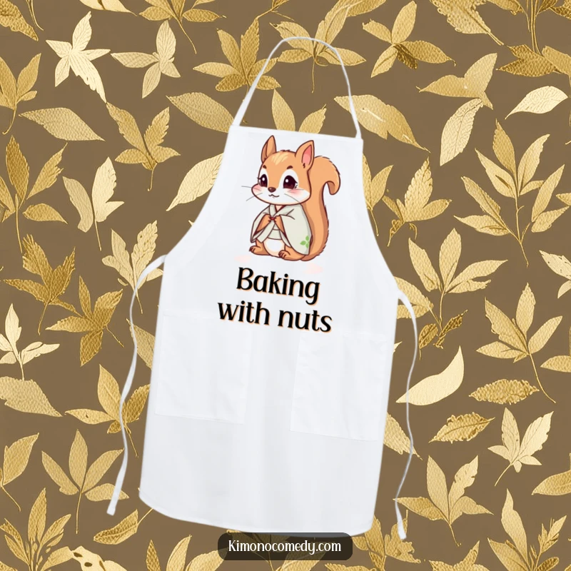 Funny squirrel wearing a kimono, looking curious, featured on a functional apron for humorous kitchen activities.