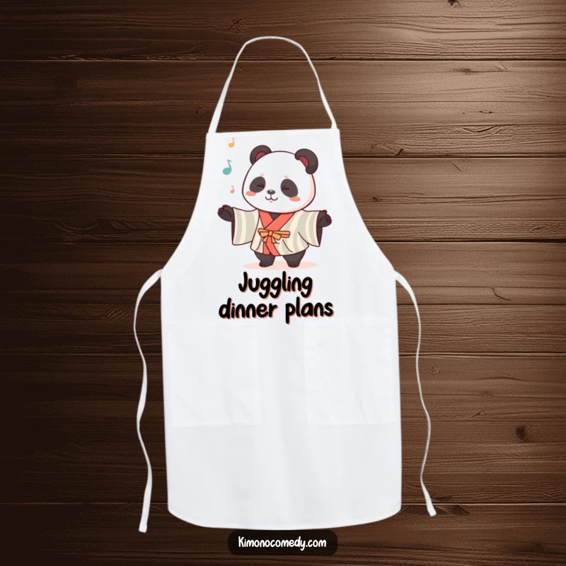 Funny Kawaii Panda Apron: A cute panda in a striped kimono juggles, adding playful humor and charm to your kitchen wear.