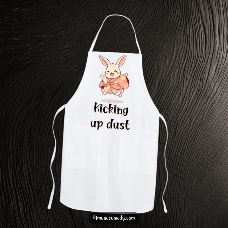 Funny rabbit in a vibrant kimono, poised for a playful leap while cooking. A humorous and practical apron.
