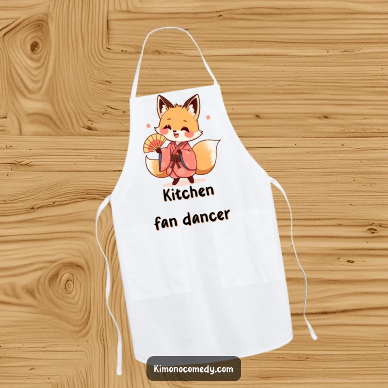 Funny kawaii fox apron, showing a fox in a vibrant kimono doing an energetic fan dance, ideal for kitchen flair.