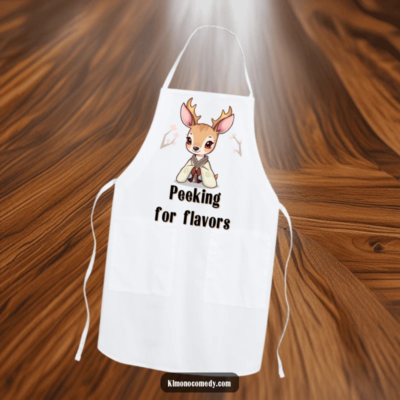 Funny Deer Kimono Apron showing a deer curiously peeking from an elegant kimono, perfect for stylish kitchen tasks.