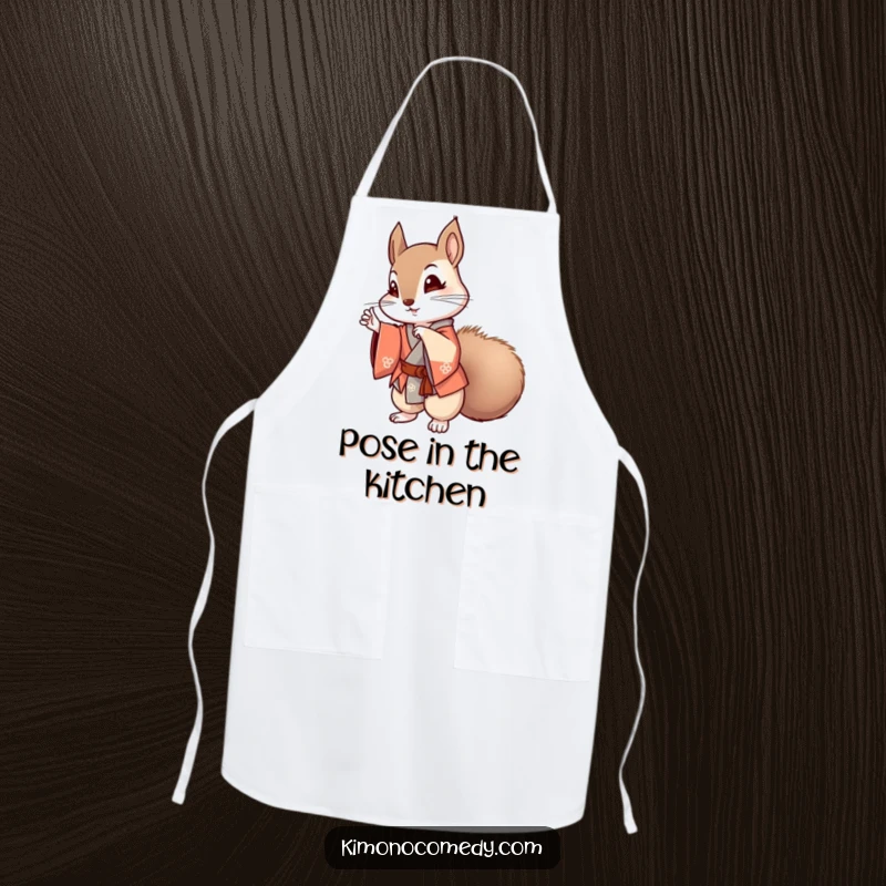 Funny kawaii squirrel in a stylish kimono striking a pose on a kitchen apron, merging humor with anime fashion.