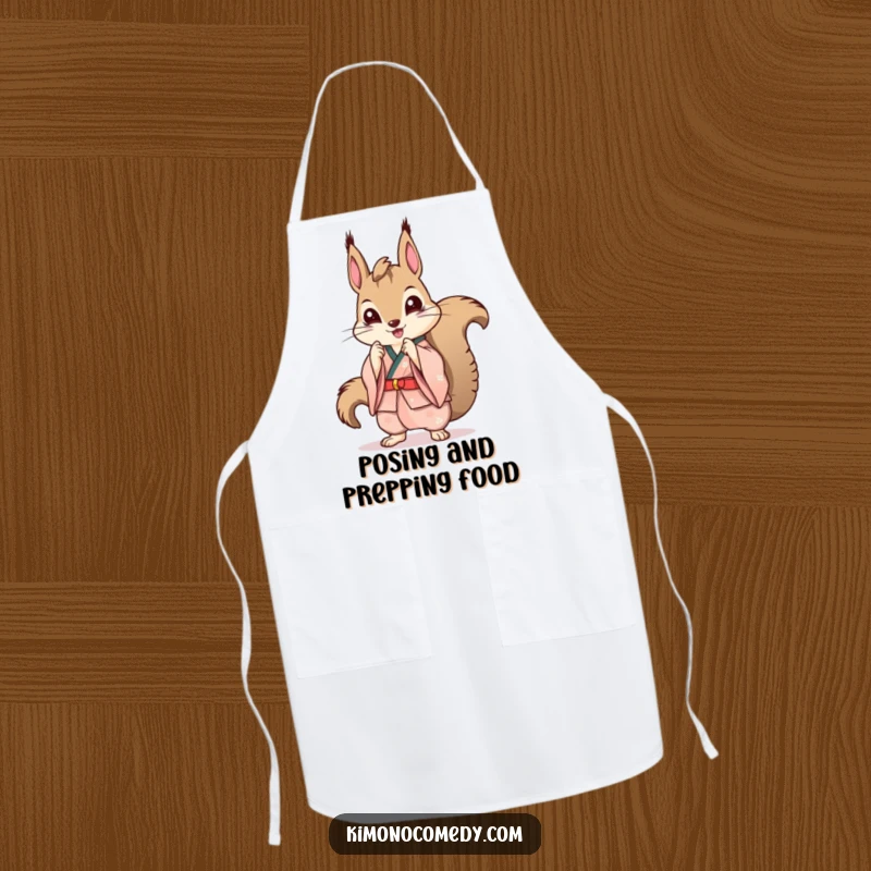 Funny Kawaii Squirrel Apron: A squirrel in a stylish kimono wearing an apron, perfect for fashionable kitchen humor.