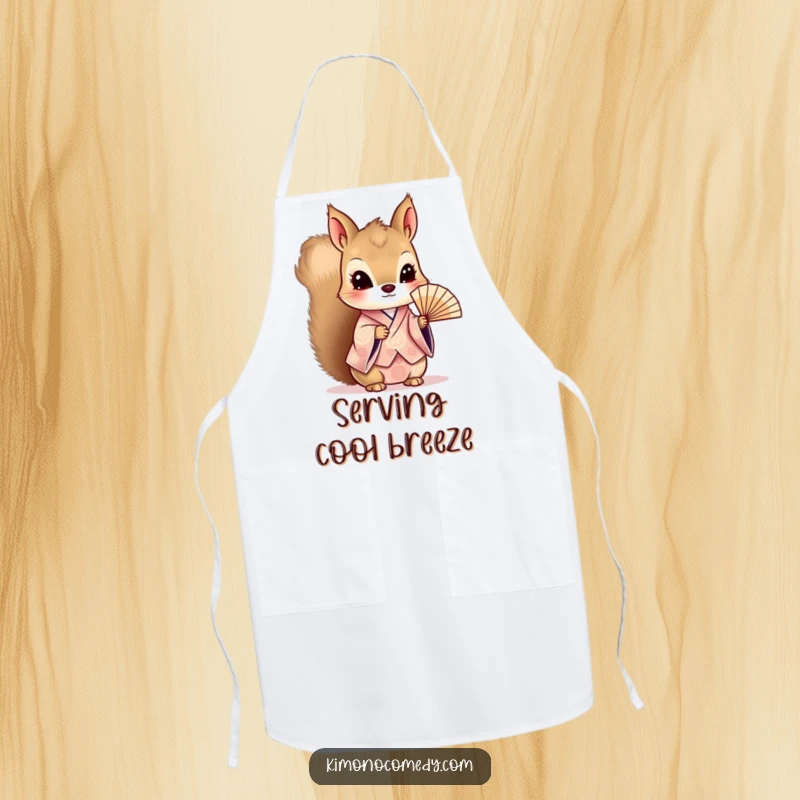 Funny Kawaii Squirrel Apron: Curious character in a patterned kimono, holding a delicate fan, adding elegance to kitchen tasks.
