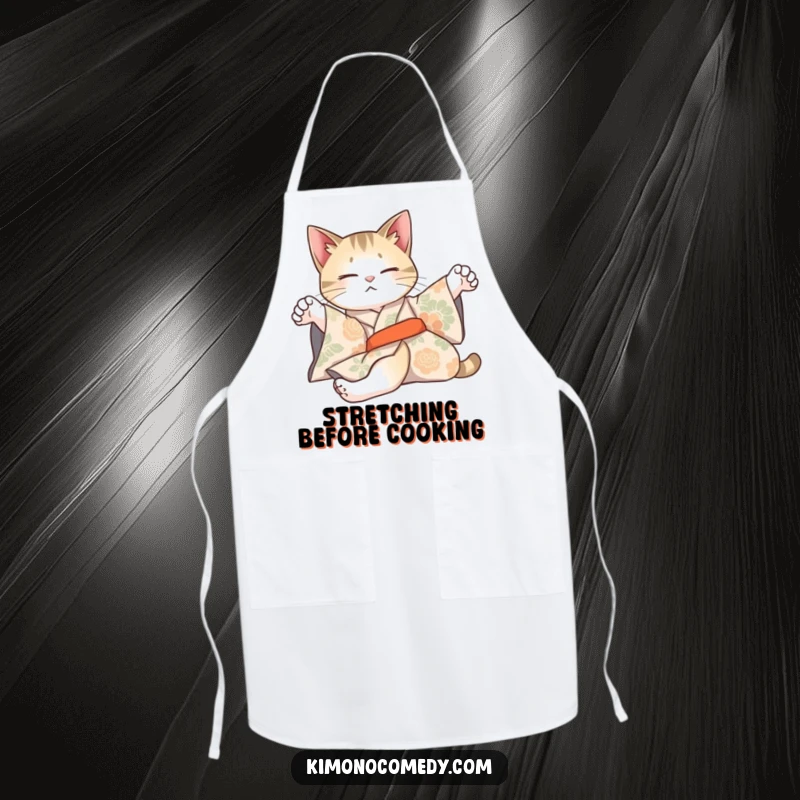 Funny apron with an artistic cat in a patterned kimono, stretching lazily, adding elegant humor to the kitchen.