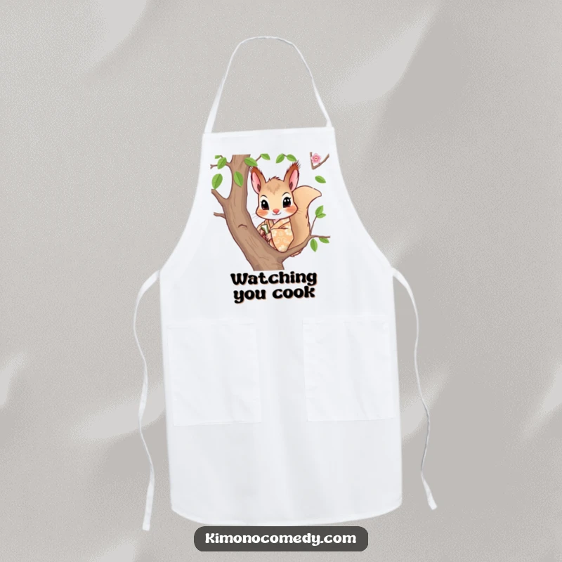Funny apron with a curious squirrel in a patterned kimono, peeking from a tree, adding stylish humor to the kitchen.