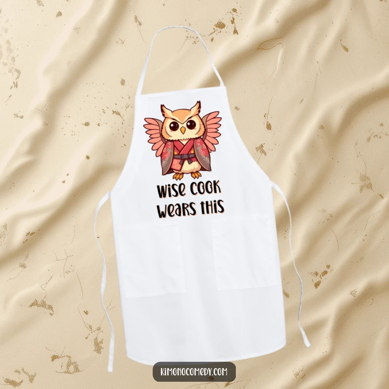 Funny kawaii owl in a regal kimono, comically proud, kitchen apron for cooking and baking.