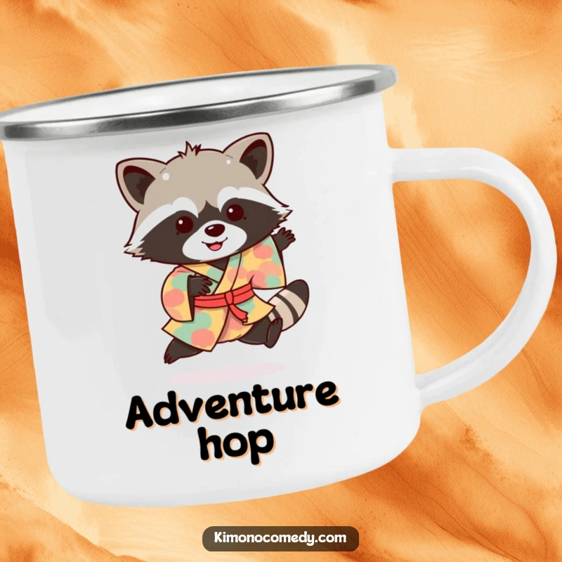 Funny raccoon camping mug featuring a cheerful bandit in a vibrant kimono, doing an excited hop by the campfire.