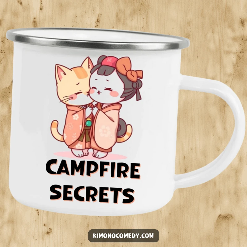 Funny Kawaii cat in a kimono whispering secrets, durable enamel camping mug with a humorous and adventurous design.