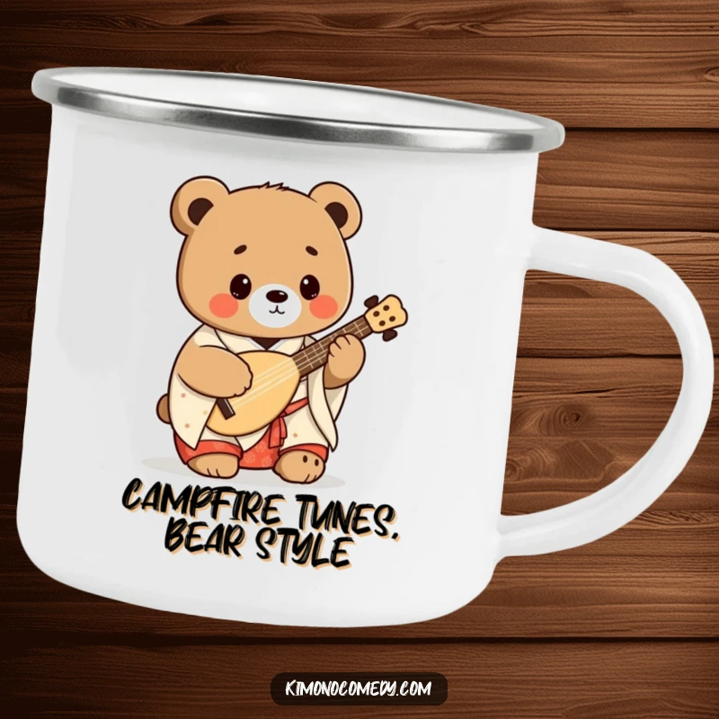 Funny kawaii bear in a kimono playing a shamisen on a durable camping mug, perfect for outdoor humor and Japanese vibes.