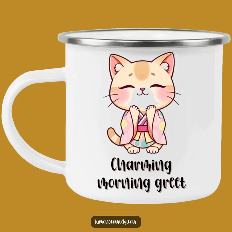 Funny Cat Kimono Camping Mug: Kawaii Japanese Style, Polite Bowing Cat Outdoor Gift