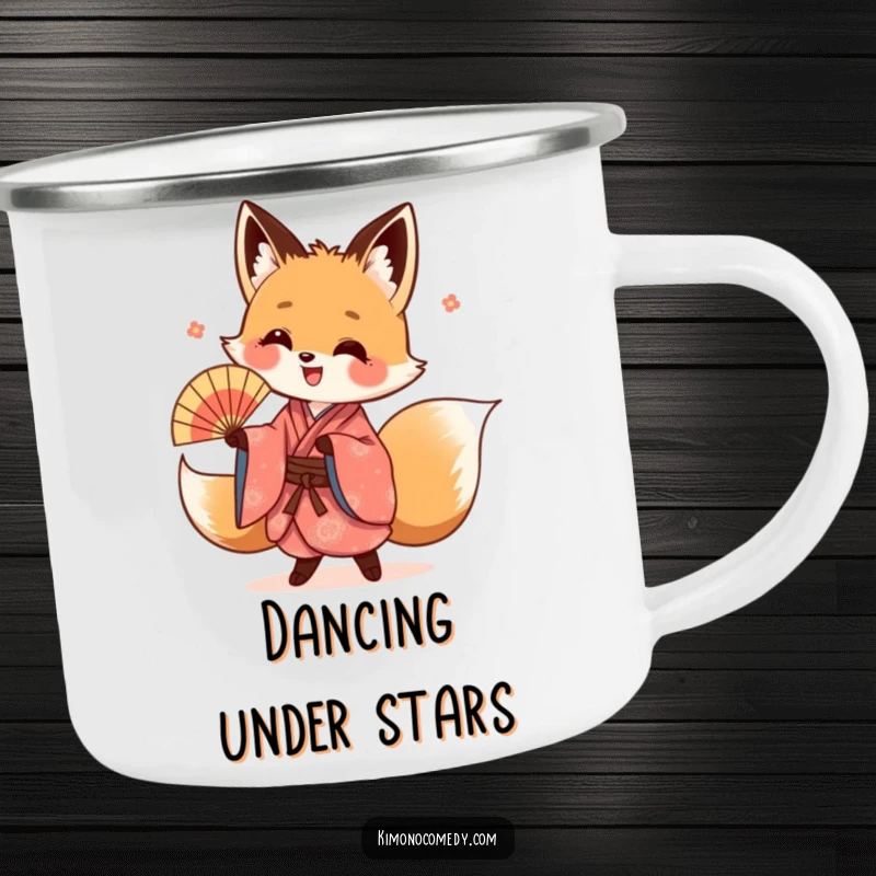 Funny kawaii fox camping mug, showing a fox in a kimono dancing energetically, durable and cheerful for outdoors.