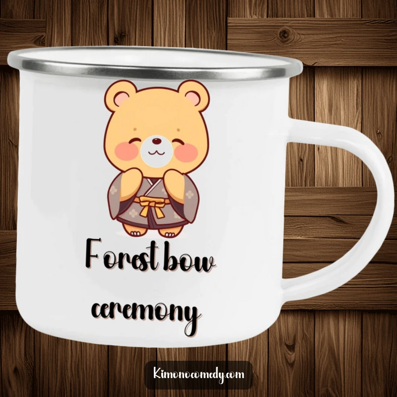Funny bear in a formal kimono, bowing politely with a smile. Perfect for camping. A humorous mug.