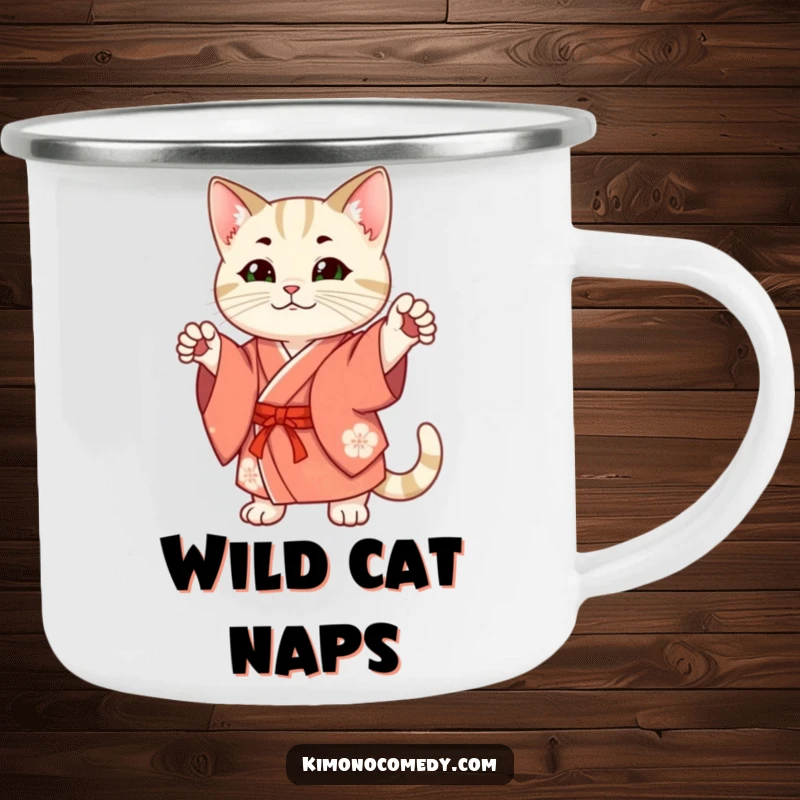 Funny Camping Mug: A cat in a traditional kimono strikes a pose, ready for adventure and hot drinks, exuding cool humor.