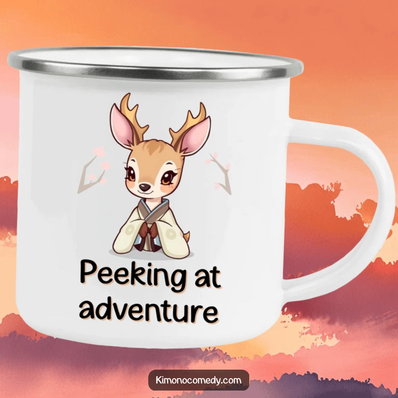 Funny Deer Kimono Camping Mug showing a deer curiously peeking from an elegant kimono, perfect for outdoor use.