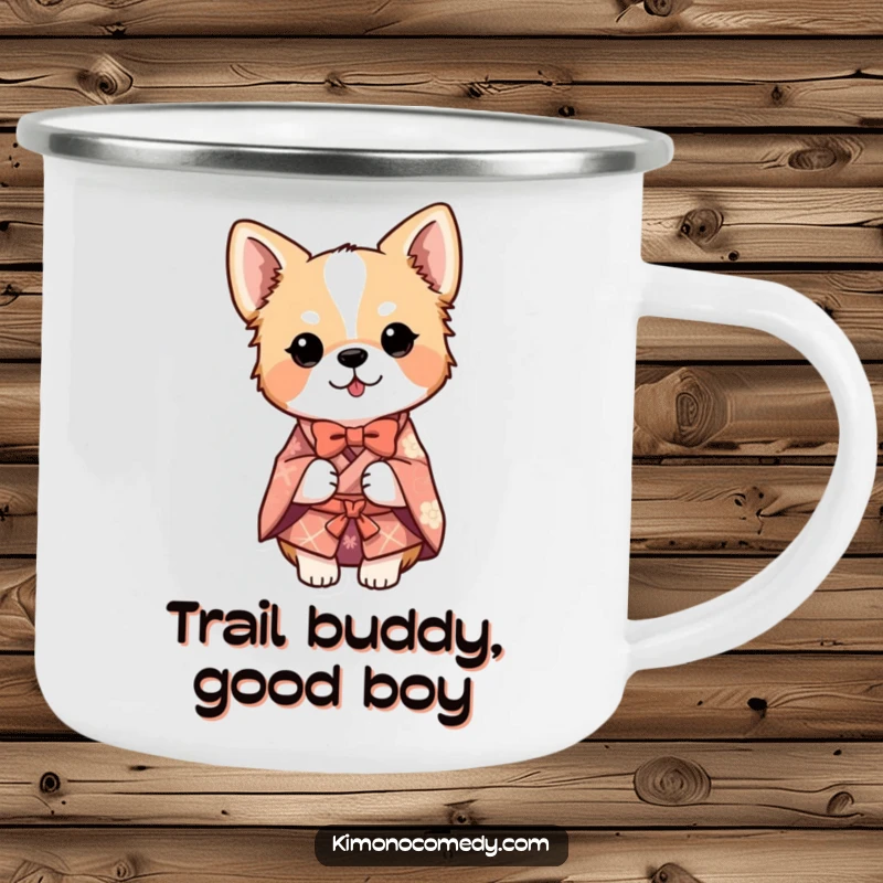 Funny dog in a detailed kimono, bowing respectfully, on a durable camping mug for humorous outdoor enjoyment.