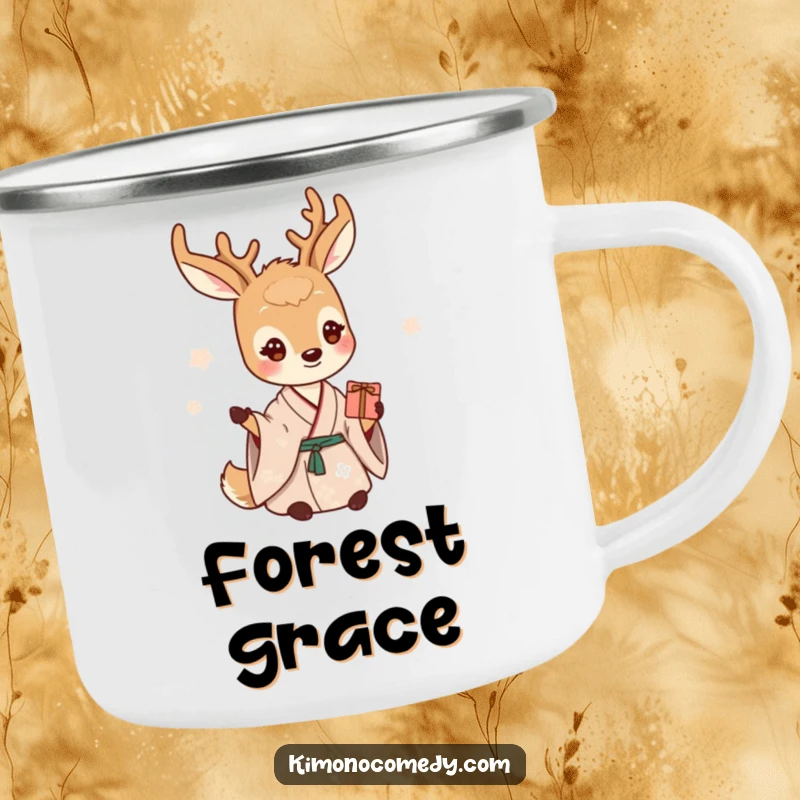 Funny deer camping mug depicting a gentle creature in a serene kimono, offering a small gift by the campfire.