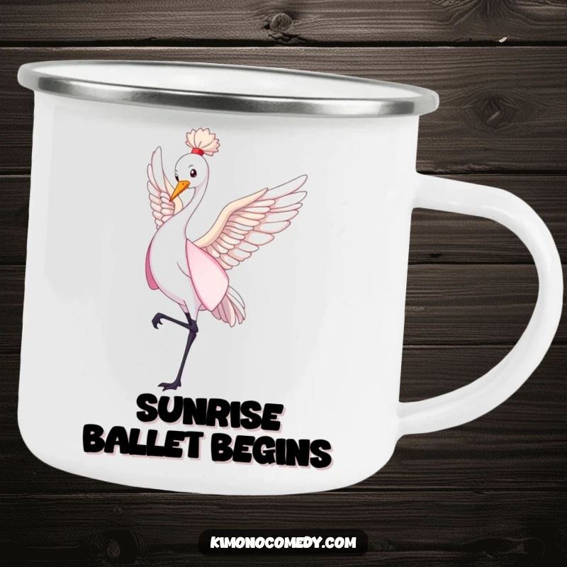 Funny crane in a flowing kimono dancing gently, enamel camping mug, outdoor adventure accessory, humorous gift for nature lovers.