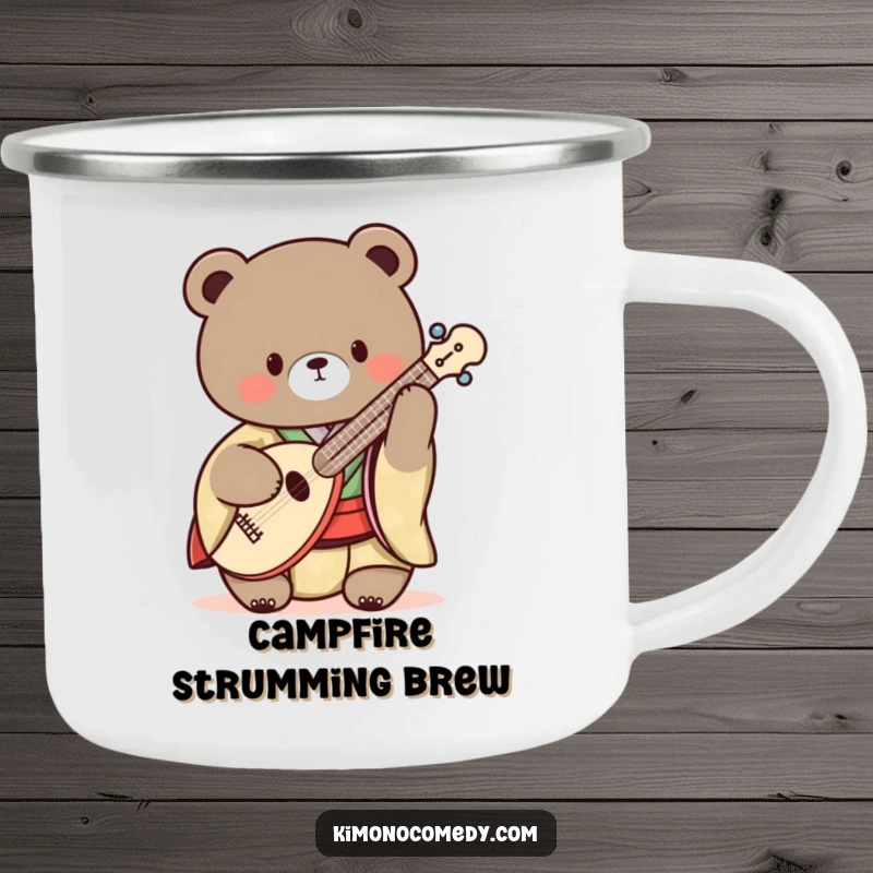 Funny Kawaii Bear Camping Mug: A rustic mug with a bear in a kimono playing a shamisen, perfect for outdoor music fun.