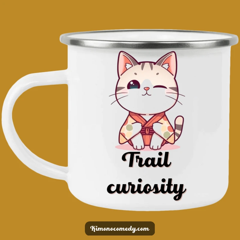 Funny Kawaii Cat Kimono Camping Mug: Curious Companion, Rustic & Hilarious Gift!