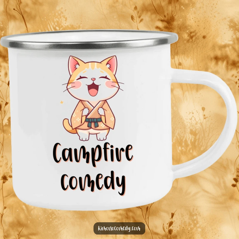 Funny Kawaii cat camping mug, featuring a cat in a formal kimono laughing joyfully, ideal for outdoor humor.